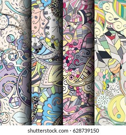 Set of tracery colorful seamless patterns. Curved doodling backgrounds for textile or printing with mehndi and ethnic motives. Vector