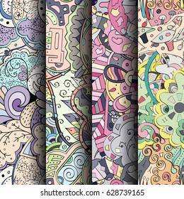 Set of tracery colorful seamless patterns. Curved doodling backgrounds for textile or printing with mehndi and ethnic motives. Vector