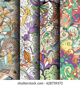 Set of tracery colorful seamless patterns. Curved doodling backgrounds for textile or printing with mehndi and ethnic motives. Vector
