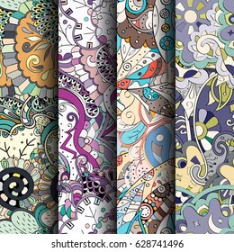 Set of tracery colorful seamless patterns. Curved doodling backgrounds for textile or printing with mehndi and ethnic motives. Vector