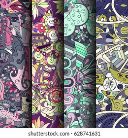 Set of tracery colorful seamless patterns. Curved doodling backgrounds for textile or printing with mehndi and ethnic motives. Vector