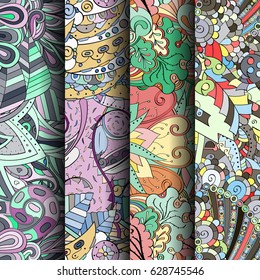 Set of tracery colorful seamless patterns. Curved doodling backgrounds for textile or printing with mehndi and ethnic motives. Vector