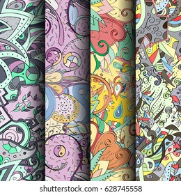 Set of tracery colorful seamless patterns. Curved doodling backgrounds for textile or printing with mehndi and ethnic motives. Vector
