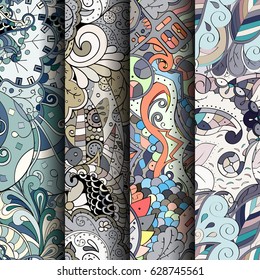 Set of tracery colorful seamless patterns. Curved doodling backgrounds for textile or printing with mehndi and ethnic motives. Vector