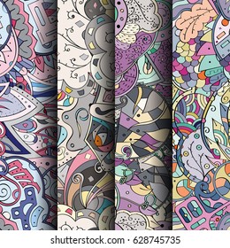 Set of tracery colorful seamless patterns. Curved doodling backgrounds for textile or printing with mehndi and ethnic motives. Vector