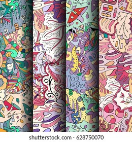 Set of tracery colorful seamless patterns. Curved doodling backgrounds for textile or printing with mehndi and ethnic motives. Vector