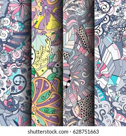 Set of tracery colorful seamless patterns. Curved doodling backgrounds for textile or printing with mehndi and ethnic motives. Vector