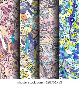 Set of tracery colorful seamless patterns. Curved doodling backgrounds for textile or printing with mehndi and ethnic motives. Vector