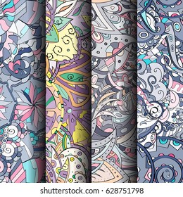 Set of tracery colorful seamless patterns. Curved doodling backgrounds for textile or printing with mehndi and ethnic motives. Vector