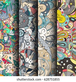 Set of tracery colorful seamless patterns. Curved doodling backgrounds for textile or printing with mehndi and ethnic motives. Vector