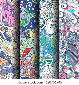 Set of tracery colorful seamless patterns. Curved doodling backgrounds for textile or printing with mehndi and ethnic motives. Vector