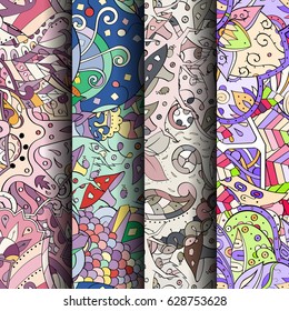 Set of tracery colorful seamless patterns. Curved doodling backgrounds for textile or printing with mehndi and ethnic motives. Vector