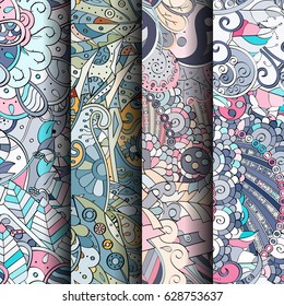 Set of tracery colorful seamless patterns. Curved doodling backgrounds for textile or printing with mehndi and ethnic motives. Vector
