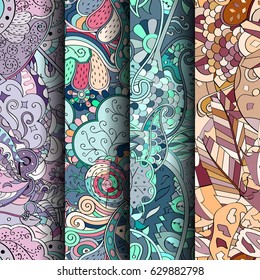 Set of tracery colorful seamless patterns. Curved doodling backgrounds for textile or printing with mehndi and ethnic motives. Vector