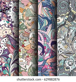 Set of tracery colorful seamless patterns. Curved doodling backgrounds for textile or printing with mehndi and ethnic motives. Vector