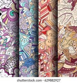 Set of tracery colorful seamless patterns. Curved doodling backgrounds for textile or printing with mehndi and ethnic motives. Vector