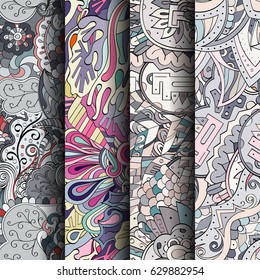 Set of tracery colorful seamless patterns. Curved doodling backgrounds for textile or printing with mehndi and ethnic motives. Vector