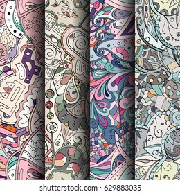 Set of tracery colorful seamless patterns. Curved doodling backgrounds for textile or printing with mehndi and ethnic motives. Vector