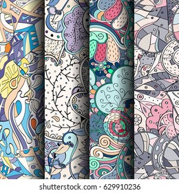 Set of tracery colorful seamless patterns. Curved doodling backgrounds for textile or printing with mehndi and ethnic motives. Vector