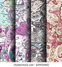 Set of tracery colorful seamless patterns. Curved doodling backgrounds for textile or printing with mehndi and ethnic motives. Vector