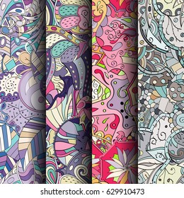 Set of tracery colorful seamless patterns. Curved doodling backgrounds for textile or printing with mehndi and ethnic motives. Vector