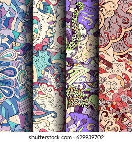 Set of tracery colorful seamless patterns. Curved doodling backgrounds for textile or printing with mehndi and ethnic motives. Vector