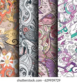 Set of tracery colorful seamless patterns. Curved doodling backgrounds for textile or printing with mehndi and ethnic motives. Vector