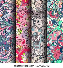 Set of tracery colorful seamless patterns. Curved doodling backgrounds for textile or printing with mehndi and ethnic motives. Vector