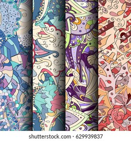 Set of tracery colorful seamless patterns. Curved doodling backgrounds for textile or printing with mehndi and ethnic motives. Vector