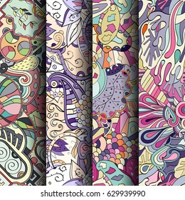 Set of tracery colorful seamless patterns. Curved doodling backgrounds for textile or printing with mehndi and ethnic motives. Vector