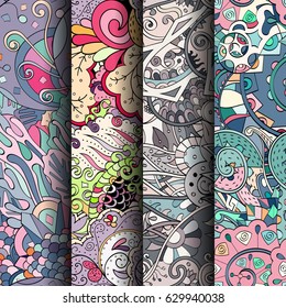 Set of tracery colorful seamless patterns. Curved doodling backgrounds for textile or printing with mehndi and ethnic motives. Vector