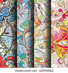 Set of tracery colorful seamless patterns. Curved doodling backgrounds for textile or printing with mehndi and ethnic motives. Vector