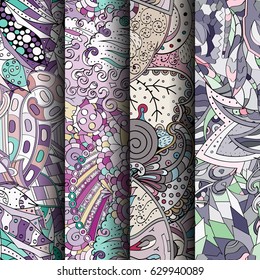 Set of tracery colorful seamless patterns. Curved doodling backgrounds for textile or printing with mehndi and ethnic motives. Vector