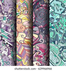 Set of tracery colorful seamless patterns. Curved doodling backgrounds for textile or printing with mehndi and ethnic motives. Vector