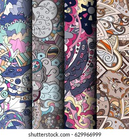 Set of tracery colorful seamless patterns. Curved doodling backgrounds for textile or printing with mehndi and ethnic motives. Vector
