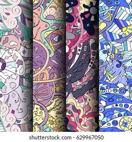 Set of tracery colorful seamless patterns. Curved doodling backgrounds for textile or printing with mehndi and ethnic motives. Vector