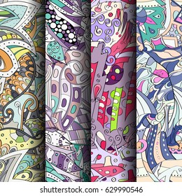 Set of tracery colorful seamless patterns. Curved doodling backgrounds for textile or printing with mehndi and ethnic motives. Vector