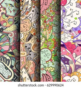 Set of tracery colorful seamless patterns. Curved doodling backgrounds for textile or printing with mehndi and ethnic motives. Vector