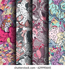 Set of tracery colorful seamless patterns. Curved doodling backgrounds for textile or printing with mehndi and ethnic motives. Vector