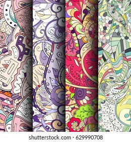 Set of tracery colorful seamless patterns. Curved doodling backgrounds for textile or printing with mehndi and ethnic motives. Vector