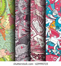 Set of tracery colorful seamless patterns. Curved doodling backgrounds for textile or printing with mehndi and ethnic motives. Vector