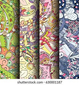 Set of tracery colorful seamless patterns. Curved doodling backgrounds for textile or printing with mehndi and ethnic motives. Vector