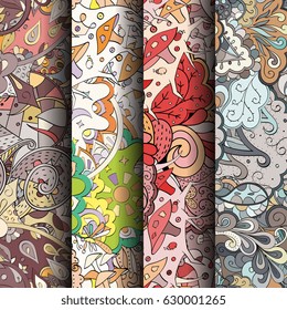 Set of tracery colorful seamless patterns. Curved doodling backgrounds for textile or printing with mehndi and ethnic motives. Vector