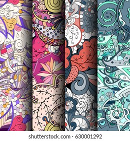 Set of tracery colorful seamless patterns. Curved doodling backgrounds for textile or printing with mehndi and ethnic motives. Vector