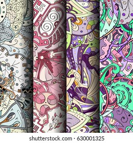 Set of tracery colorful seamless patterns. Curved doodling backgrounds for textile or printing with mehndi and ethnic motives. Vector