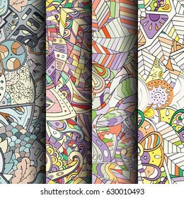 Set of tracery colorful seamless patterns. Curved doodling backgrounds for textile or printing with mehndi and ethnic motives. Vector