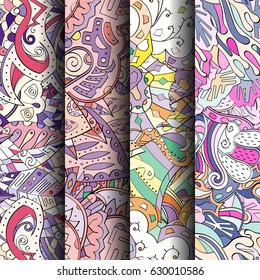 Set of tracery colorful seamless patterns. Curved doodling backgrounds for textile or printing with mehndi and ethnic motives. Vector