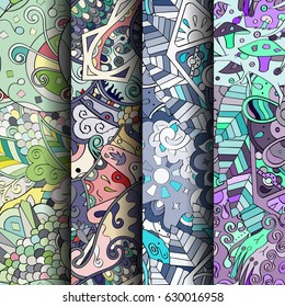Set of tracery colorful seamless patterns. Curved doodling backgrounds for textile or printing with mehndi and ethnic motives. Vector