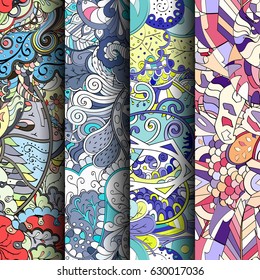 Set of tracery colorful seamless patterns. Curved doodling backgrounds for textile or printing with mehndi and ethnic motives. Vector