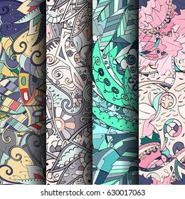 Set of tracery colorful seamless patterns. Curved doodling backgrounds for textile or printing with mehndi and ethnic motives. Vector
